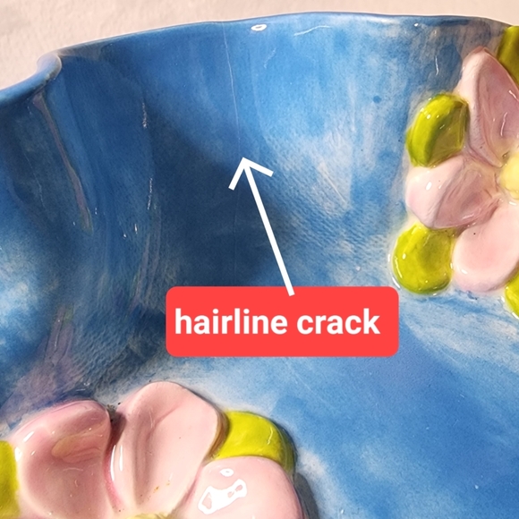 Handmade Ceramic Dish Glazed Blue with Pink Flowers 7" Unique Wavy Edge Bowl - Picture 13 of 14